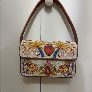 Beaded Embroidered Shoulder Bag - White with Multicolor Motifs